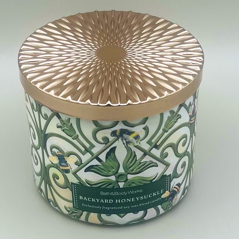 Bath & Body Works 🐝 Backyard Honeysuckle 🐝 3 Wick Candle 14.5 oz ~ New In Box
